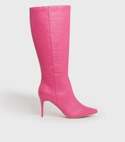New Look Bright Pink Faux Croc Stiletto Knee High Boots